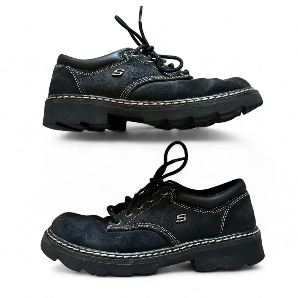 Skechers 90s Vintage Black Oxford Lace Up Chunky Heel Shoes - Picture 1 of 7